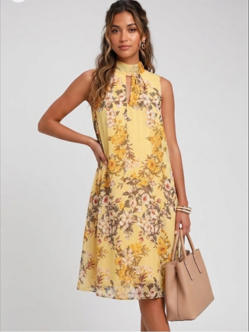 London Times Floral Yellow Sleeveless Dress Tie Scarf